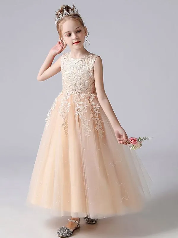 White Jewel Neck Sleeveless Flower Girl Dresses Kids Party Dresses
