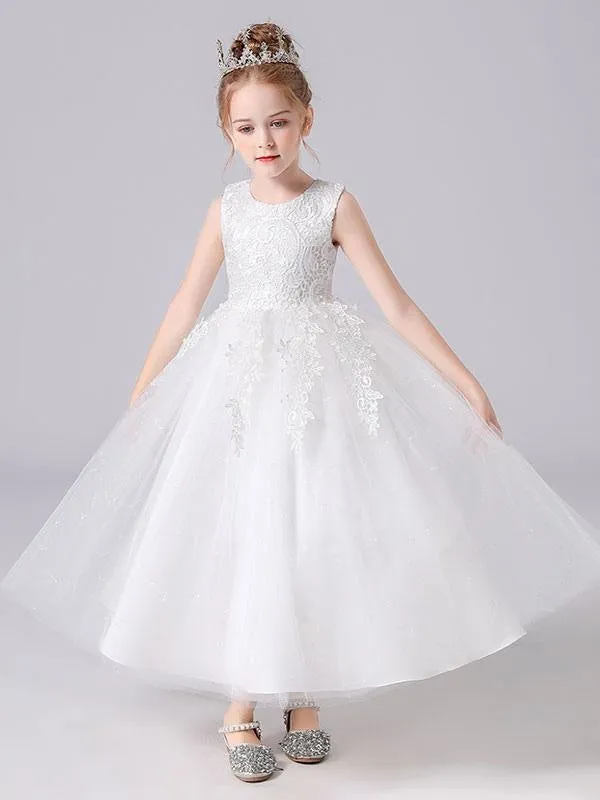 White Jewel Neck Sleeveless Flower Girl Dresses Kids Party Dresses
