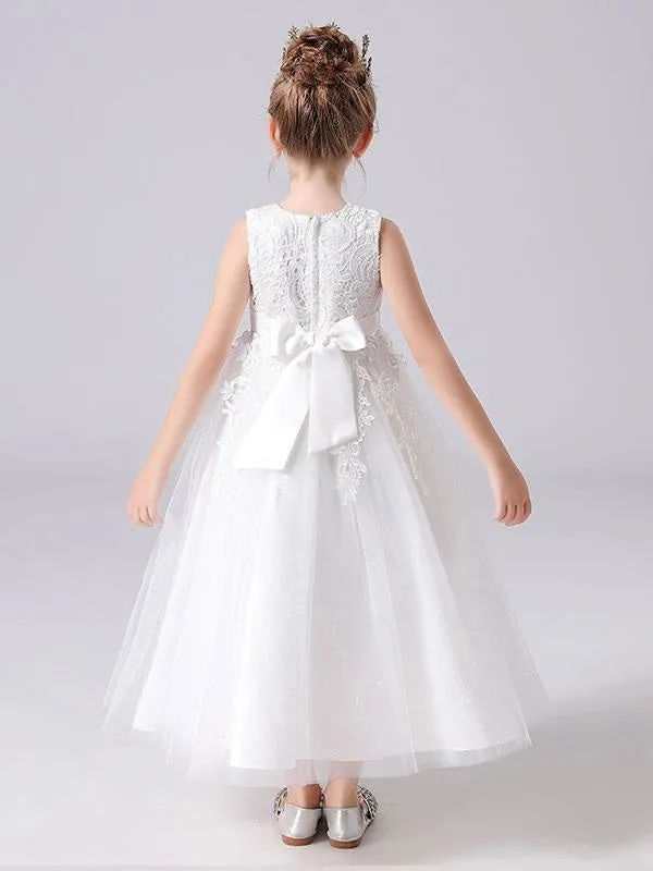 White Jewel Neck Sleeveless Flower Girl Dresses Kids Party Dresses