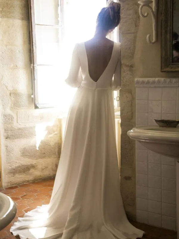 White Wedding Dresses With Train A Line Floor Length 3/4 Length Sleeves Pleated V Neck Bridal Dresses